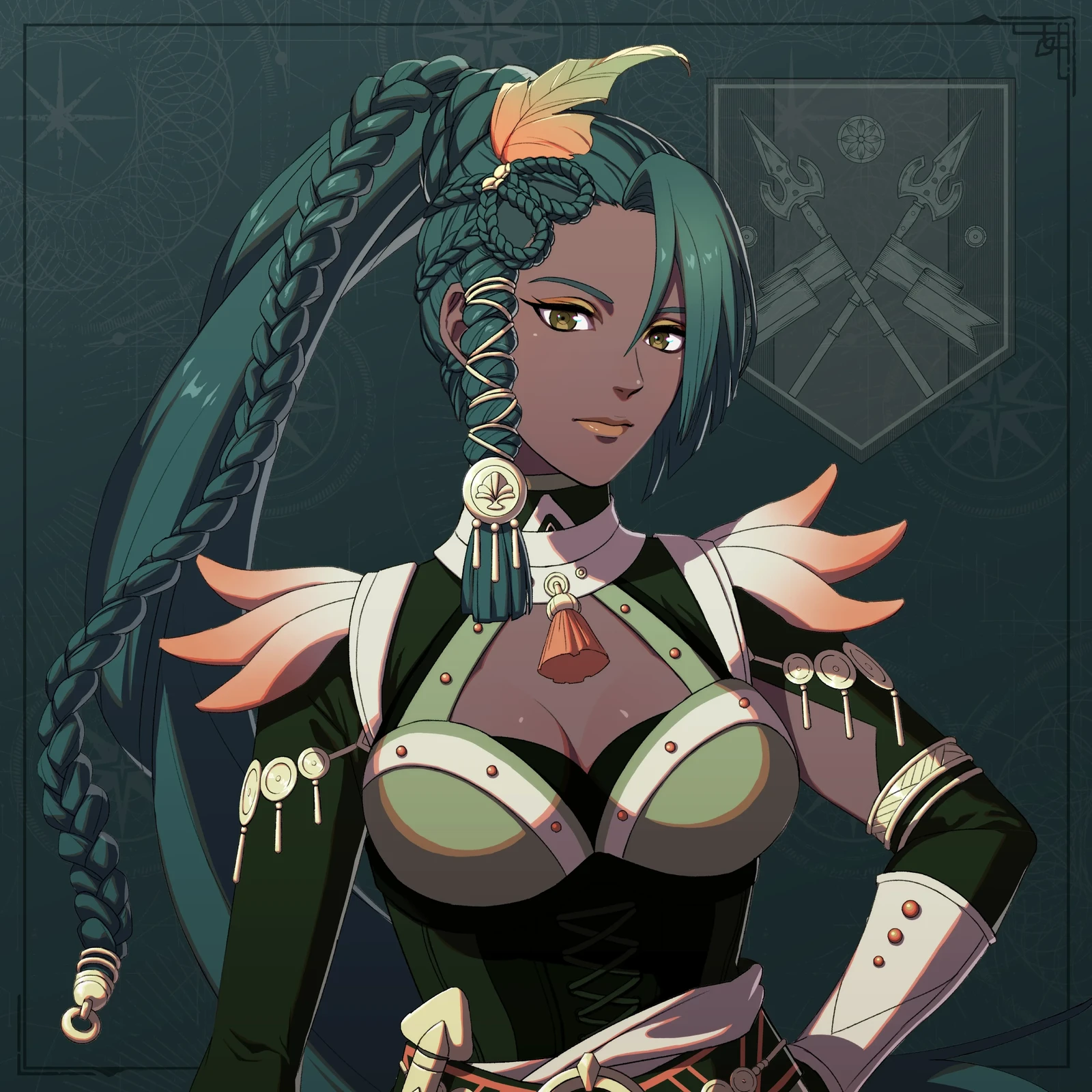 Nydine's early bust portrait: teal braids, feather hair ornaments, and red and green clothing.