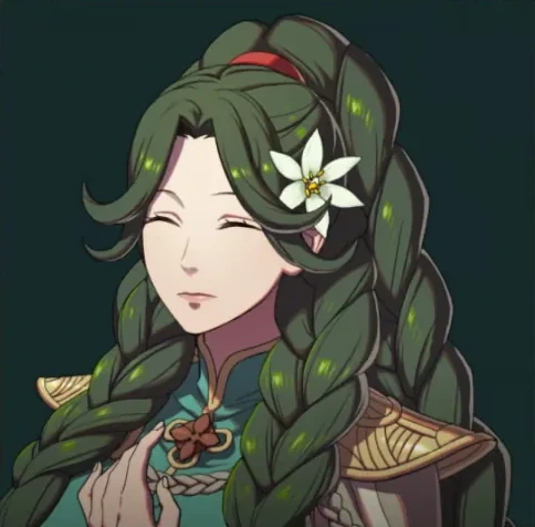 Sha Lan’s bust portrait five years later: a long green braid, white floral ornaments, and gold shoulder ornaments.