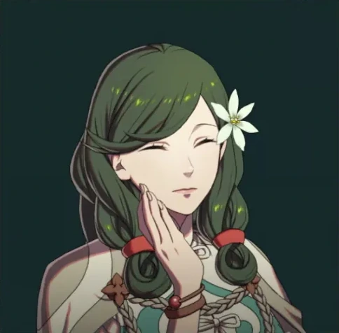 Sha Lan’s early half-length portrait: green twin braids, a white floral ornament, and pale clothing.