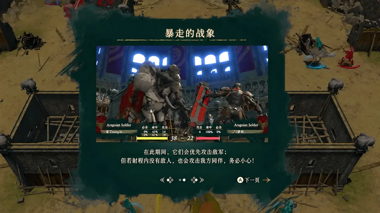 战象暴走教学卡：说明敌军回合优先攻击我方，但射程内没有我方时也可能攻击其友军，背景保留两侧战象与围栏。（英文版界面）