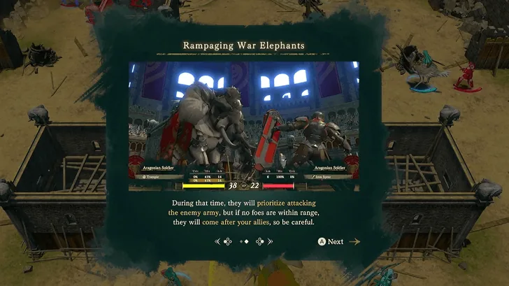 War Elephant Rampage tutorial: during the enemy phase, it prioritizes player units but may attack its own allies if no player units are in range. War elephants and fences remain visible on both sides. (English interface)