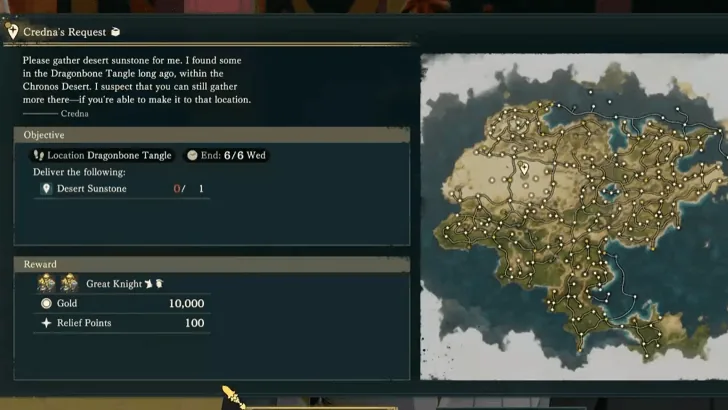 Credna's request details: deliver the specified quest item. The rewards at bottom left list Great Knight certification, gold, and relief points; the quest map is on the right. (English UI)