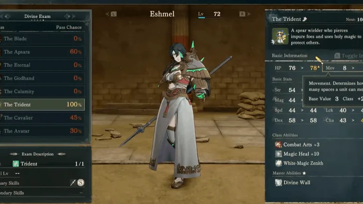The Trident exam preview lists Combat Arts +3, Magic Heal +10, White-Magic Zenith, and Divine Wall mastery on the right. Check Spear S and the exam item requirement at the lower left.