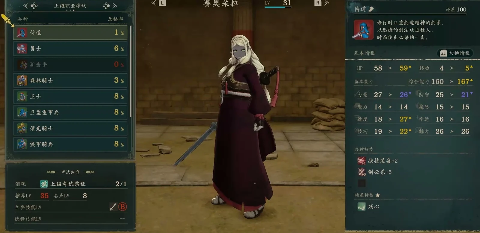 Shido exam panel: recommended level 35, Renown 8, and Sword B at the lower left; Sword Crit +5, Combat Arts +2, and mastery Ever Vigilant at the lower right.