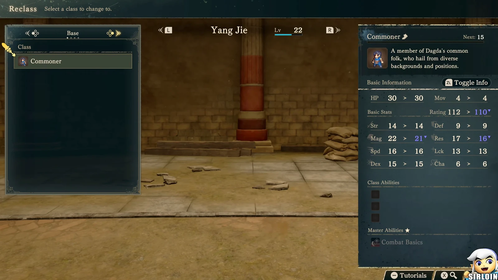 Commoner’s class-change screen: Combat Basics appears in the mastery slot at the lower right, while all three class-skill slots are empty. Movement on the right is 4.
