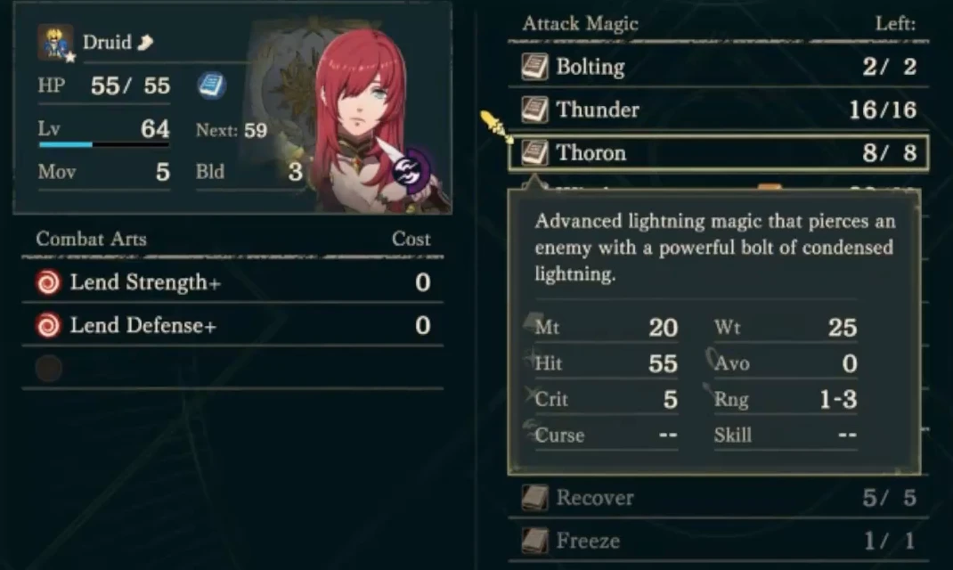 Dante's spell list shows Bolting at 2/2 uses and Thoron at 8/8. Thoron's details list Range 1–3.