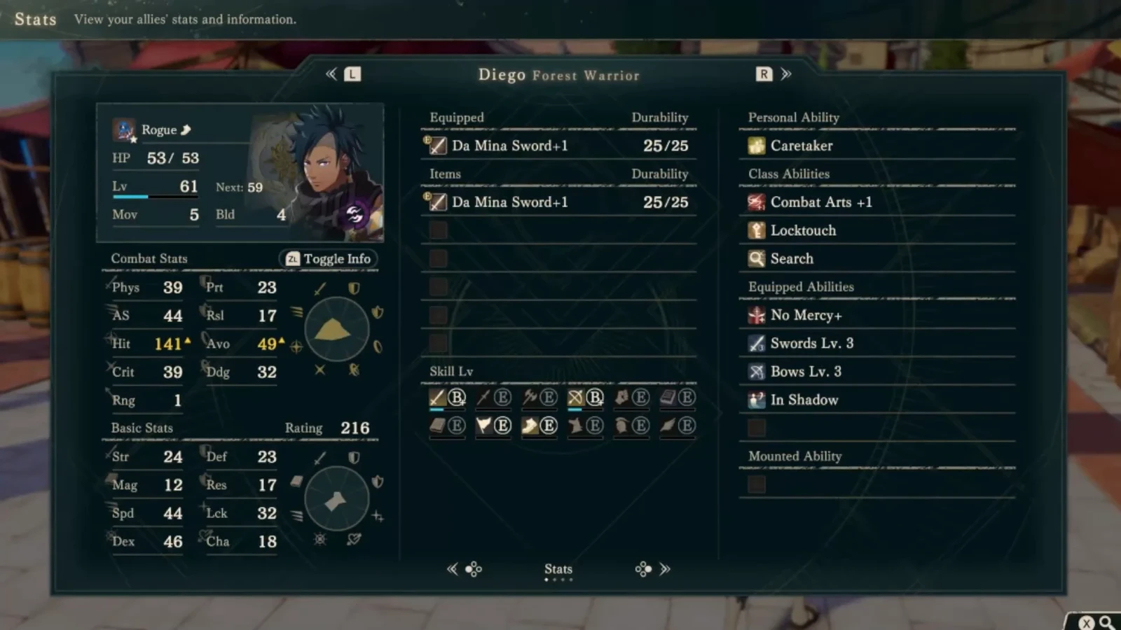 Diego's level 61 Rogue status screen shows Strength 24 and Dexterity 46 at the lower left, with Attack Speed 44 above. Check Strength, Attack Speed, and Dexterity separately when choosing remedial training and weapons.