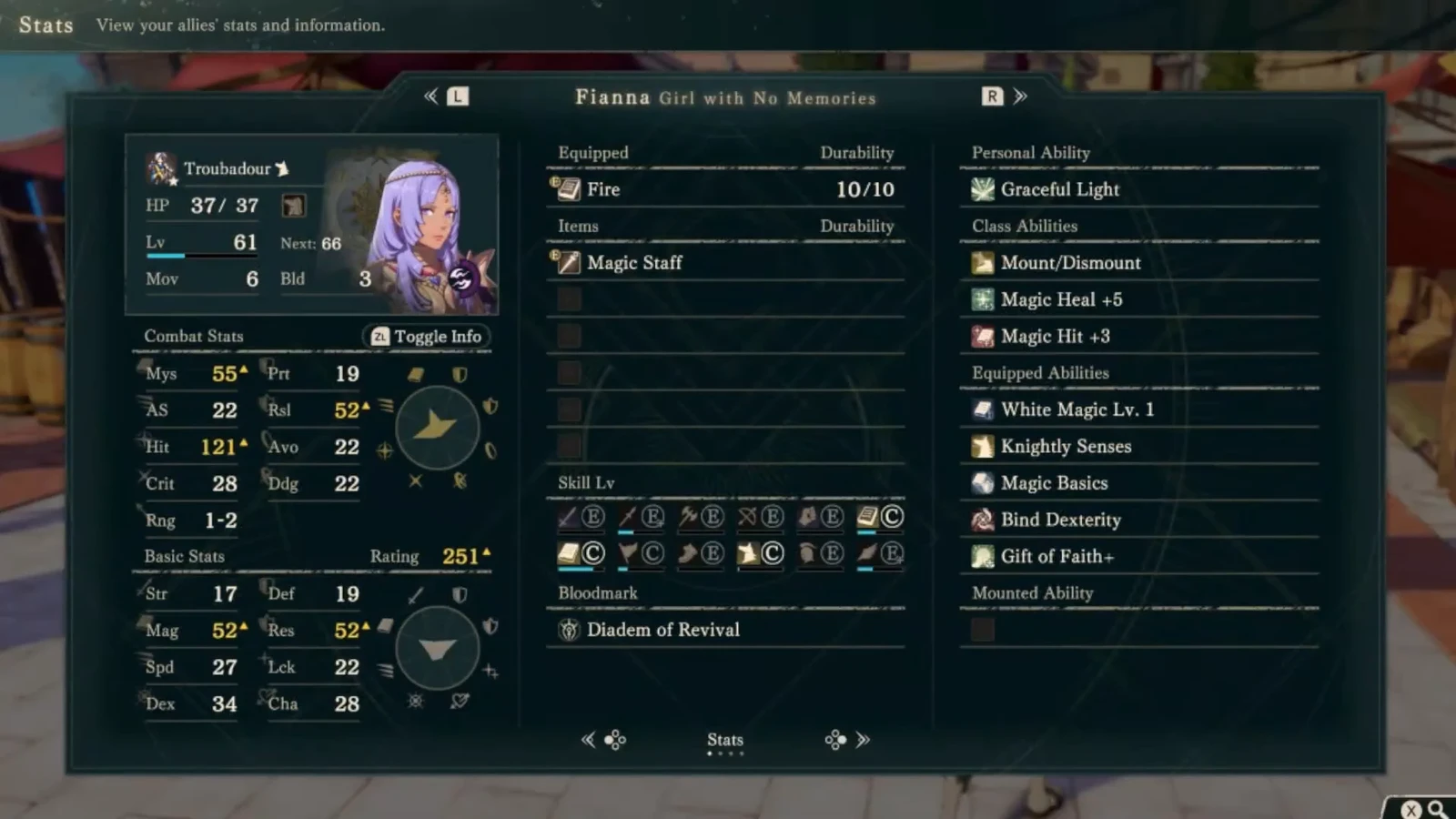 Fianna’s level 61 Troubadour screen shows Movement 6 at upper left and Defense 19/Resistance 52 at lower left. Check mounted mobility, physical durability, and magical durability separately.