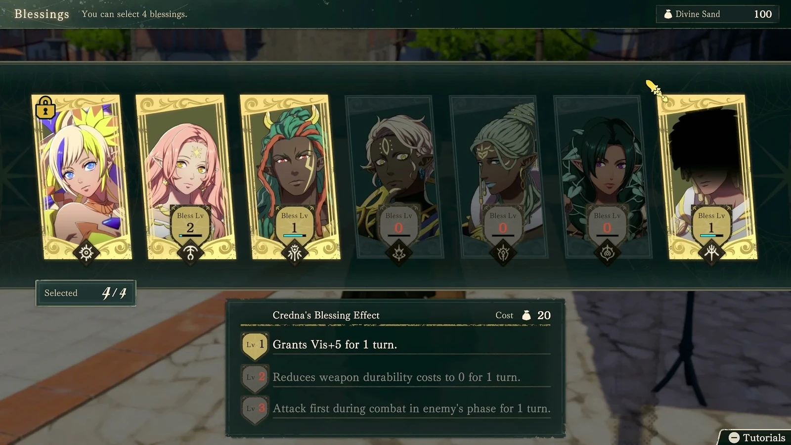 English blessing setup: seven deity cards are arranged side by side, with Credna's Blessing selected. Below are Lv1 sight +5, Lv2 zero weapon durability cost, and Lv3 attacking first on enemy phase. The selected Lv1 costs 20 Divine Sand.
