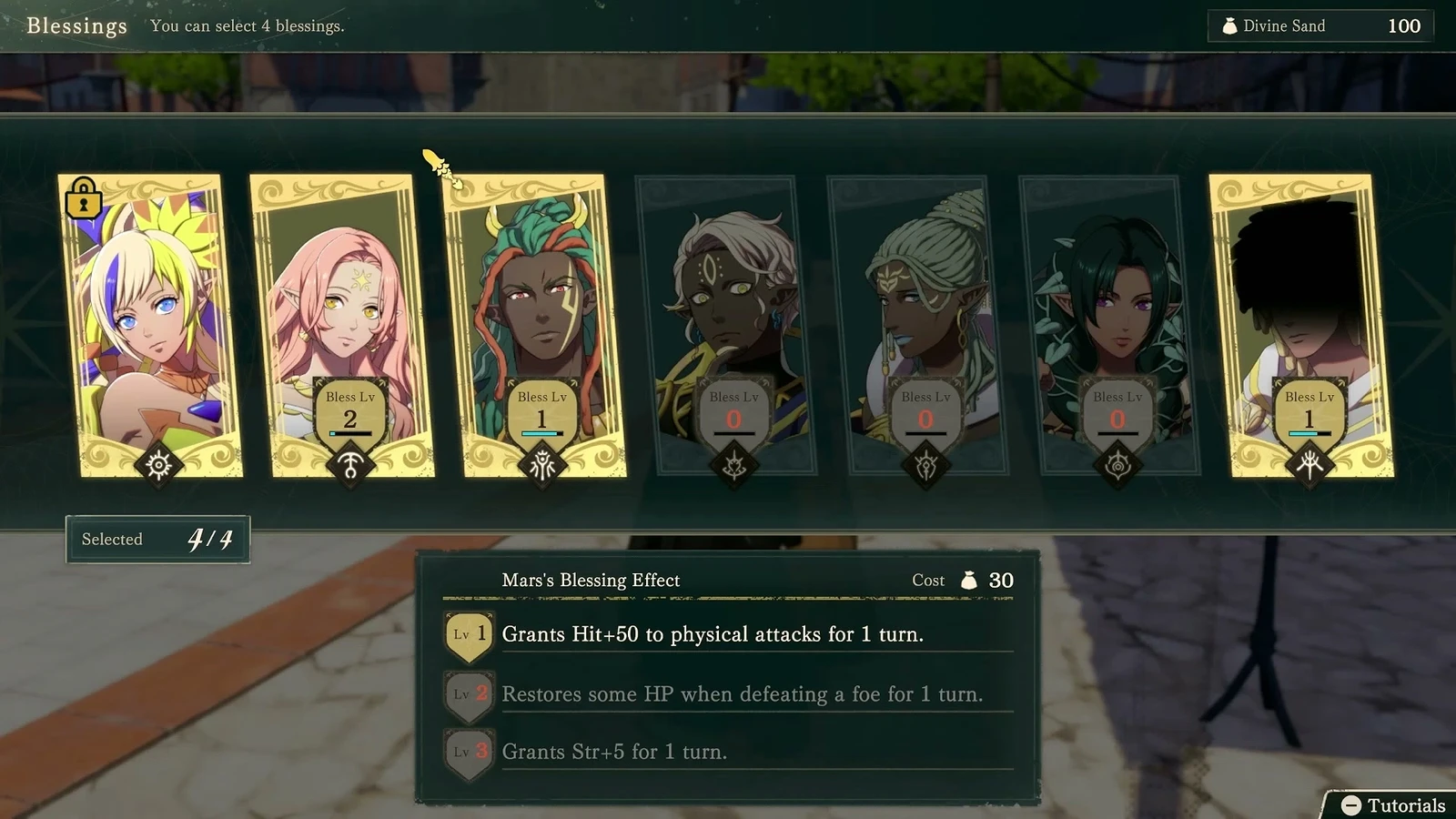 Blessing settings with 100 Divine Sand. The selected Mars Blessing costs 30.