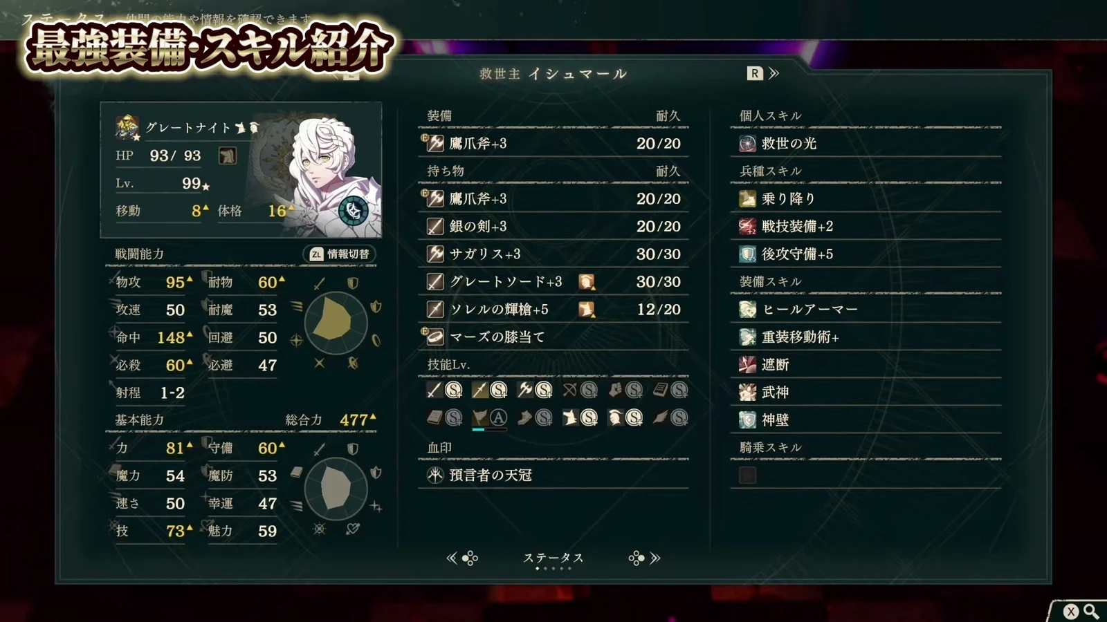 Level-99 Eshmel: Great Knight, 8 Movement, and a base stat total of 477.