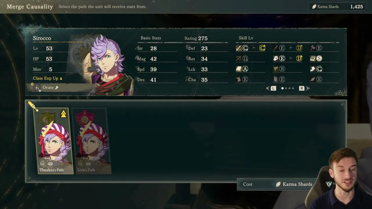 Before merging, compare the stats of versions from different routes, then check the Karma Shard cost.