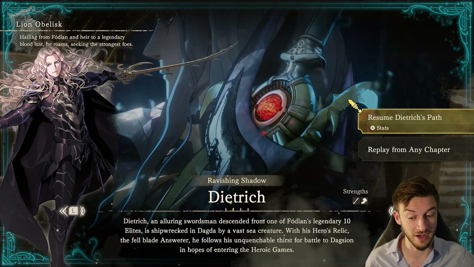 Dietrich's route introduction: his ancestry and Hero's Relic connect Dagda's Games to Fódlan.