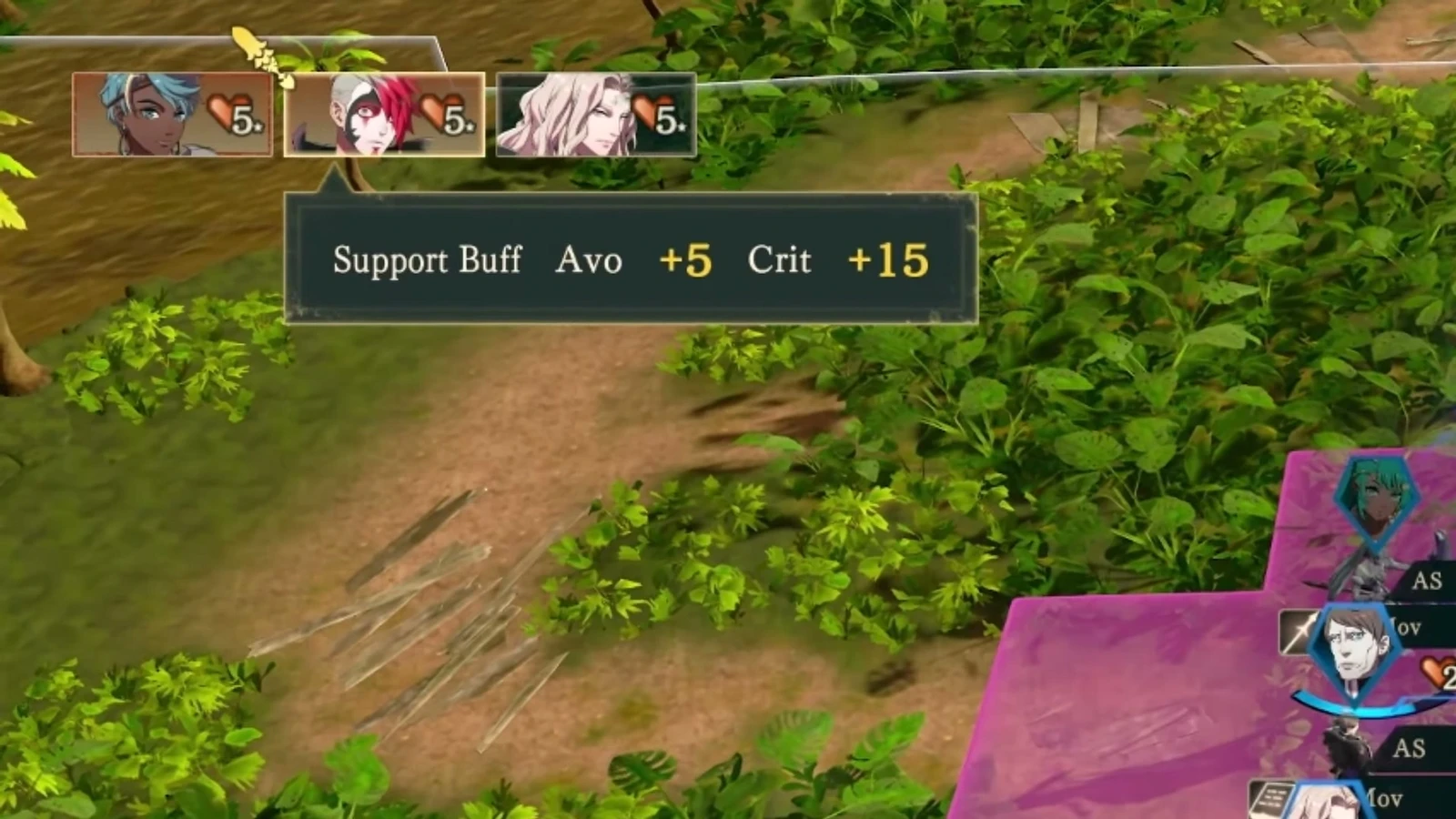 Partner portraits and Support Bonus details in the attack forecast.