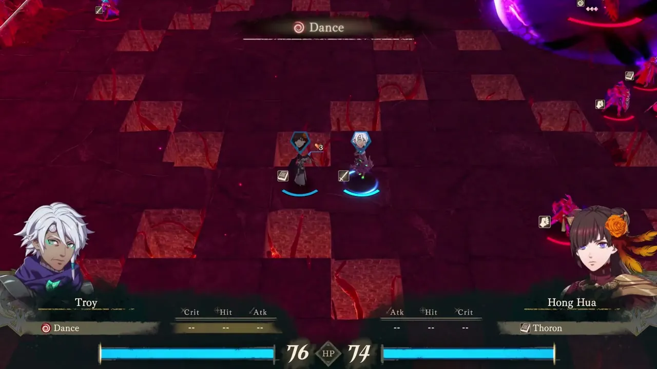 Troy stands adjacent to Hong Hua and uses Dance on her.