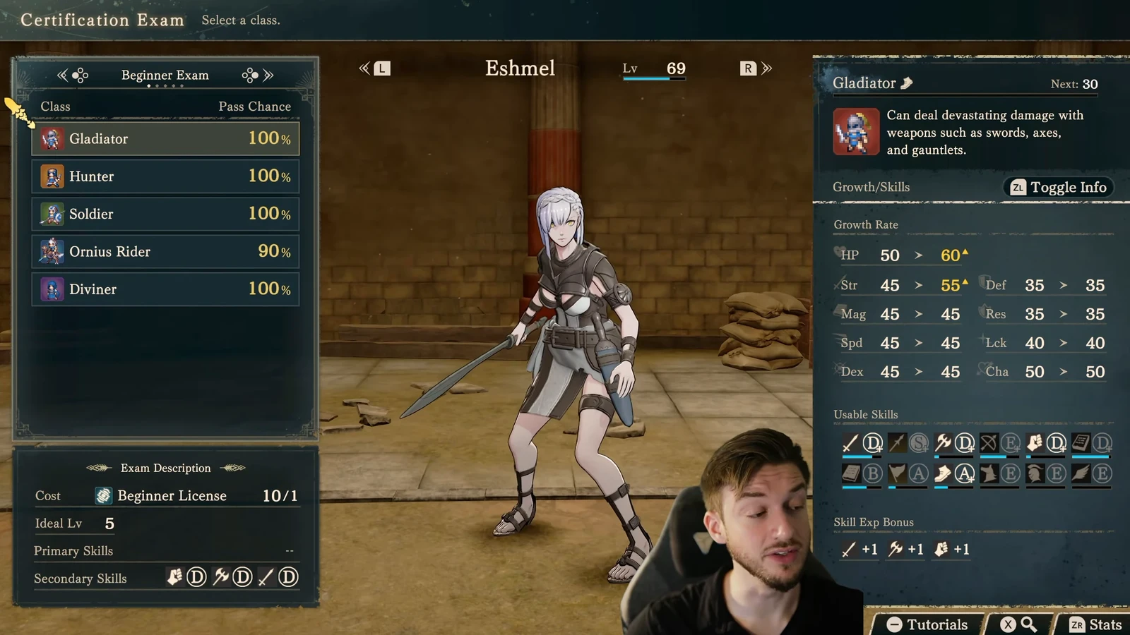 Gladiator exam and growth screen: choose Axe, Gauntlet, or Sword D at the lower left. HP growth rises from 50 to 60 and Strength from 45 to 55 on the right; Speed is unchanged.