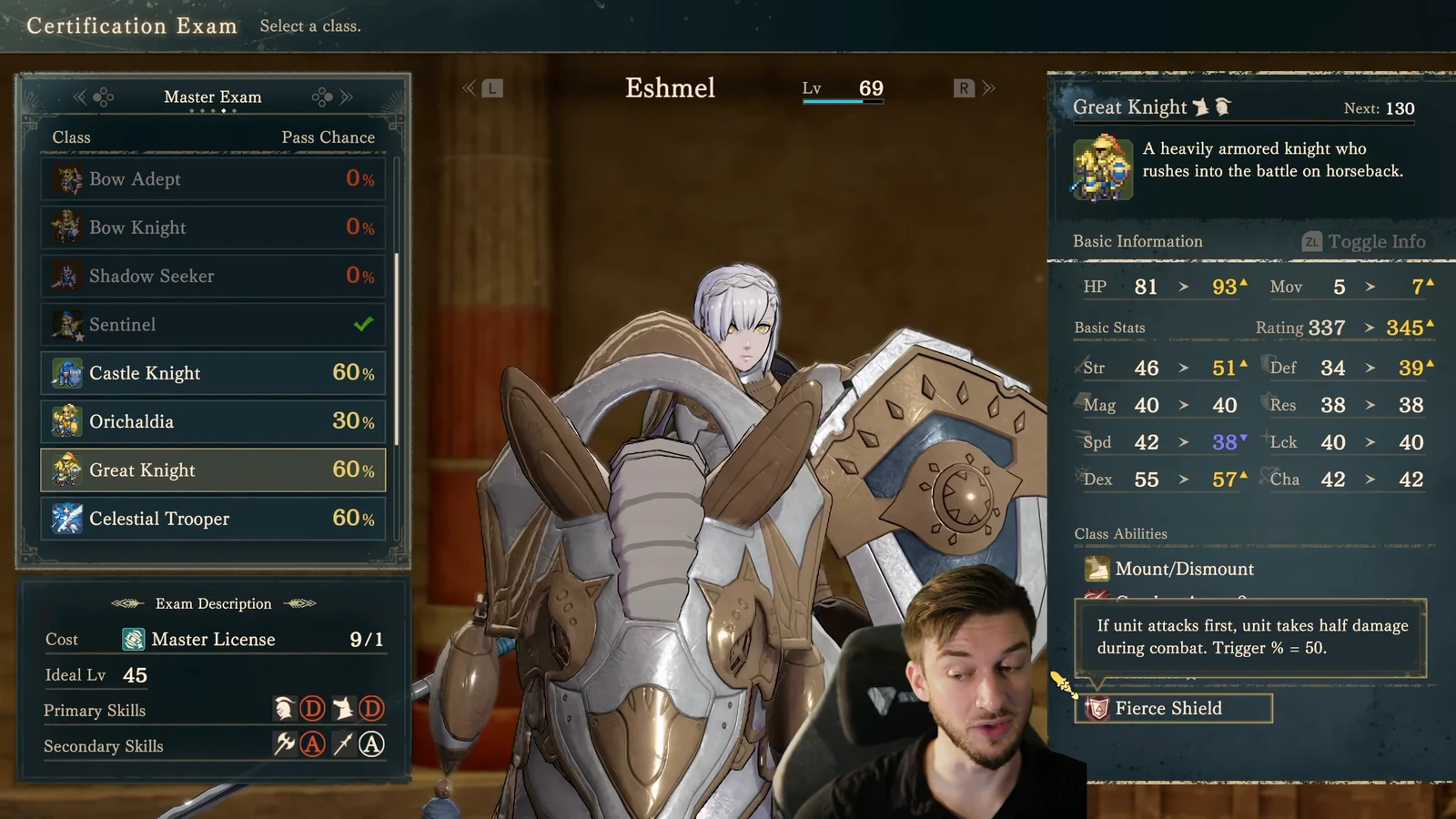 Great Knight mastery Fierce Shield: the lower-right description halves damage in first-strike combat with a 50% trigger rate. Armor D and Riding D are both required; choose Axe or Spear A.