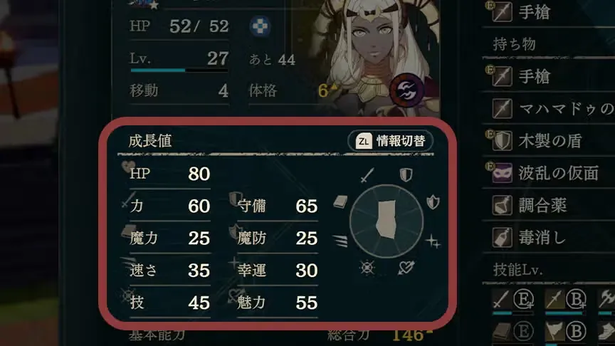 Growth rates and combat stats in character details