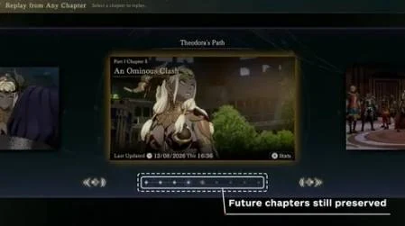 章の再プレイ画面。上のルート、中央の章、下の時間軸を確認し、戻る章を判断します（英語画面）。