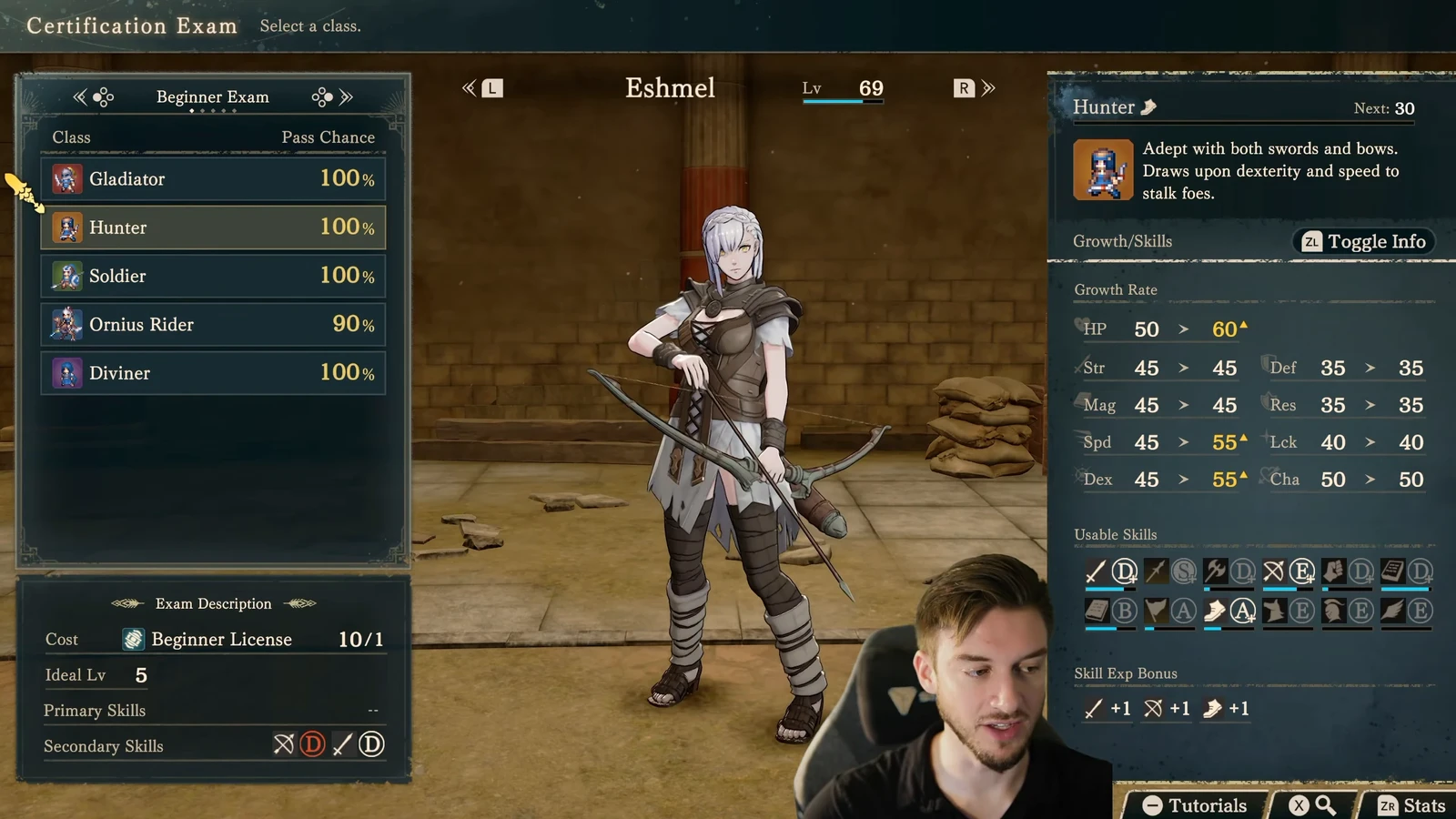 Hunter's exam and growth screen: Bow D and Sword D at the lower left are alternatives. Speed and Dexterity growth rise from 45 to 55 on the right, while Strength remains 45.