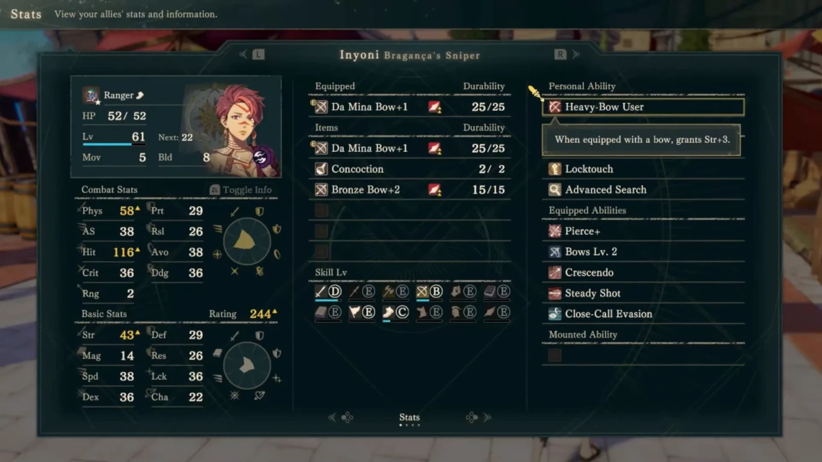 Heavy-Bow User on the right grants Strength +3 with a bow equipped. Pierce+ below is a separate equipped ability. Equipping a bow and using a bow art are different conditions.