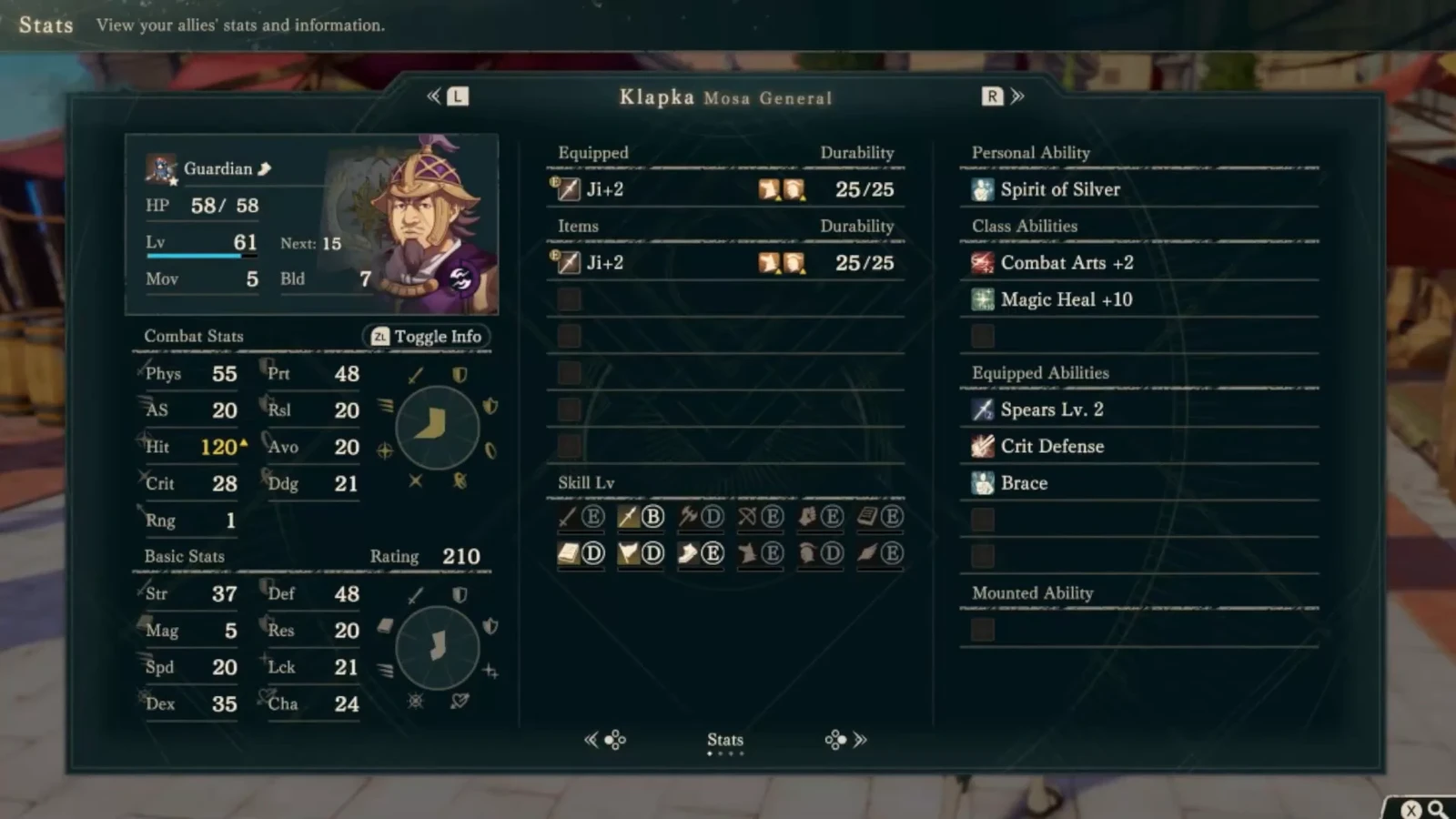 Confirm Guardian at the upper left, Spear B and White Magic D below, and Spirit of Silver with equipped skills on the right. Assign a replacement role using his current abilities.