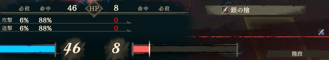 同じ攻撃予測では初撃も追撃もダメージ0です。敵の残りHPが8でも倒せません。