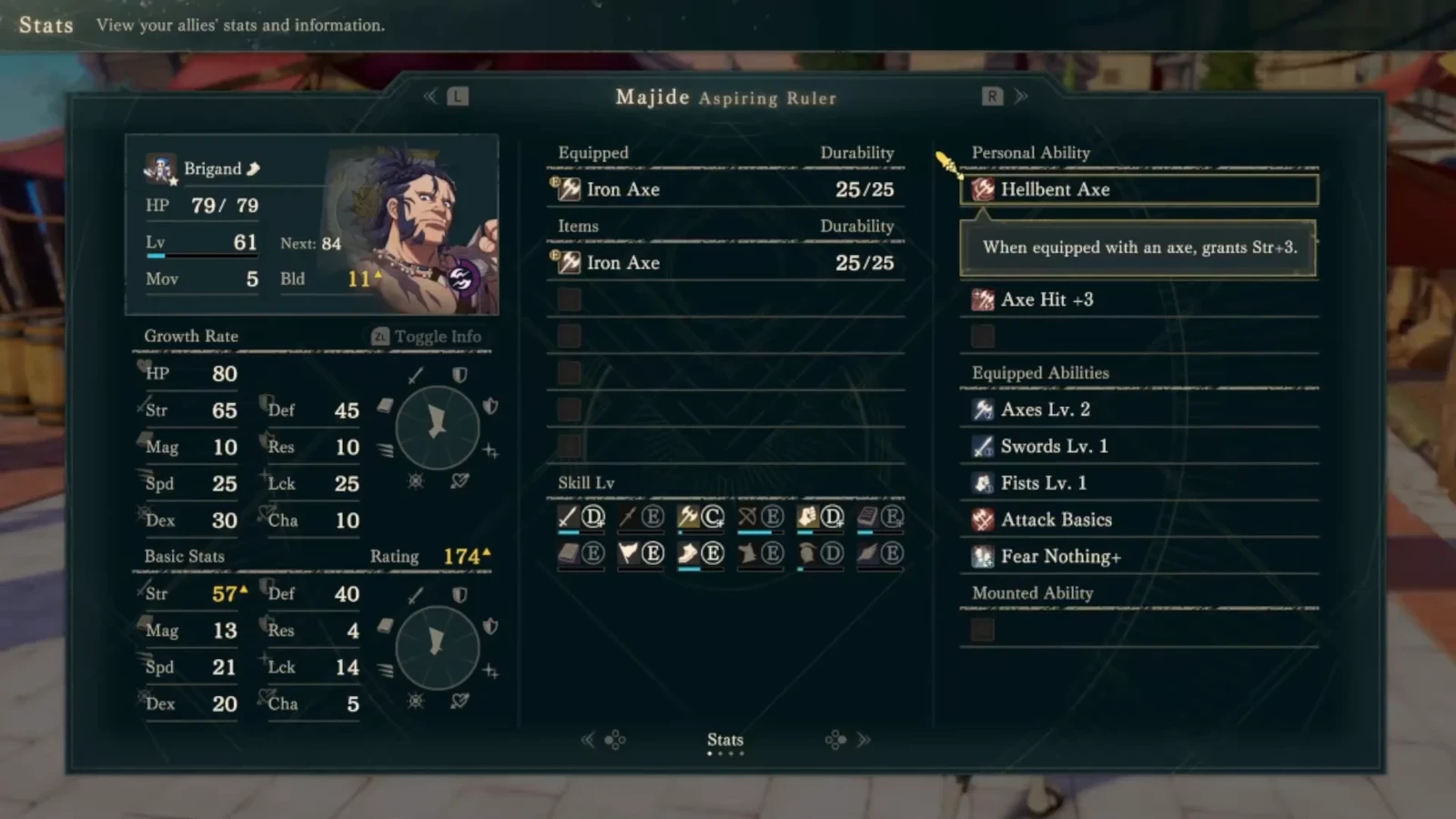 Hellbent Axe’s personal-skill description grants Strength +3 while wielding an axe. The current Iron Axe is at 25/25 in the center, with Brigand at upper left. Check that axe requirement before switching to gauntlets or a Charioteer’s bow.