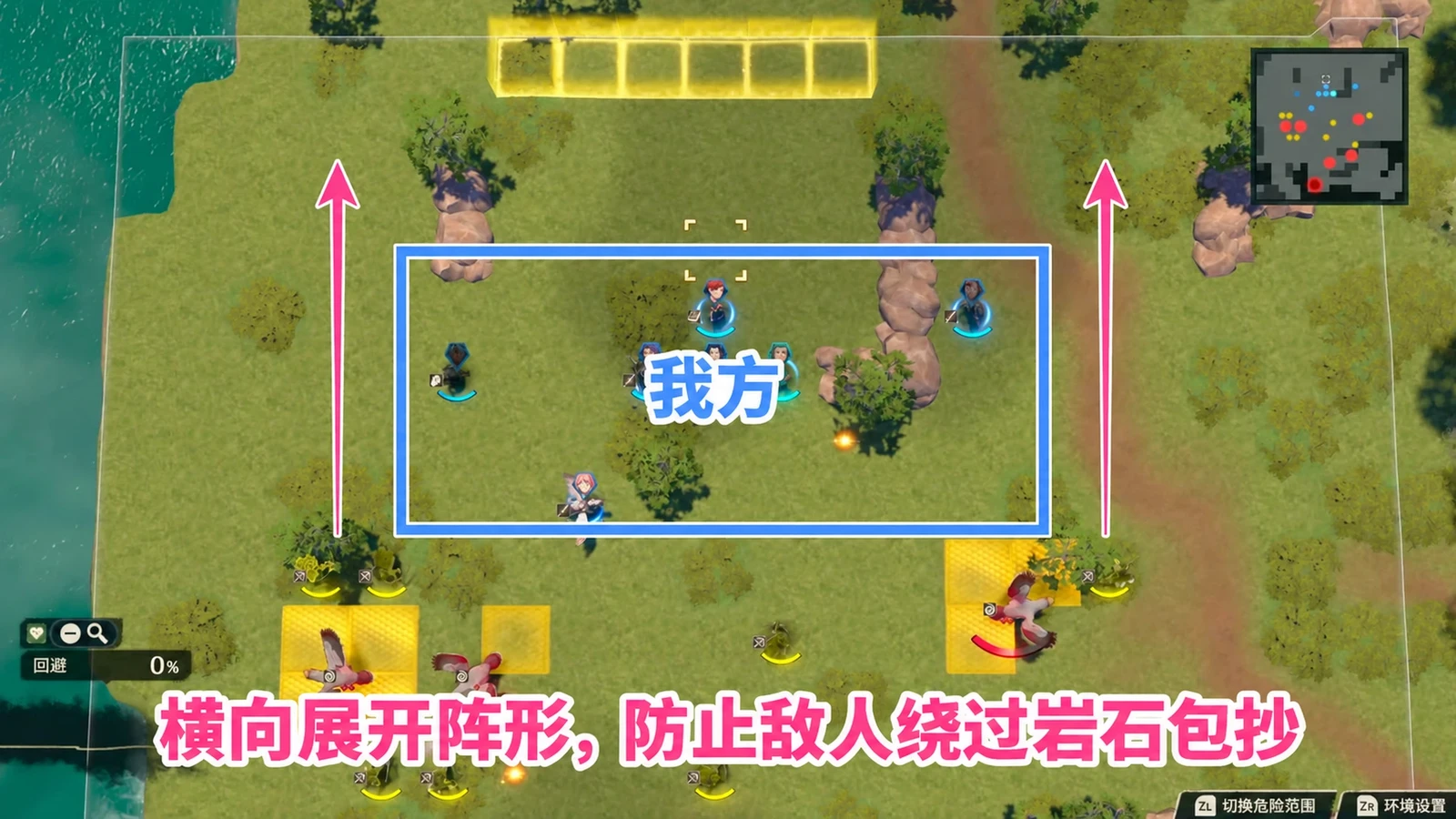 在目标前横向展开，照顾岩石左右两条绕行路线。