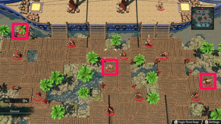 Pink boxes mark three Priests on the bridge and wooden platforms. Use them to locate your priority targets.