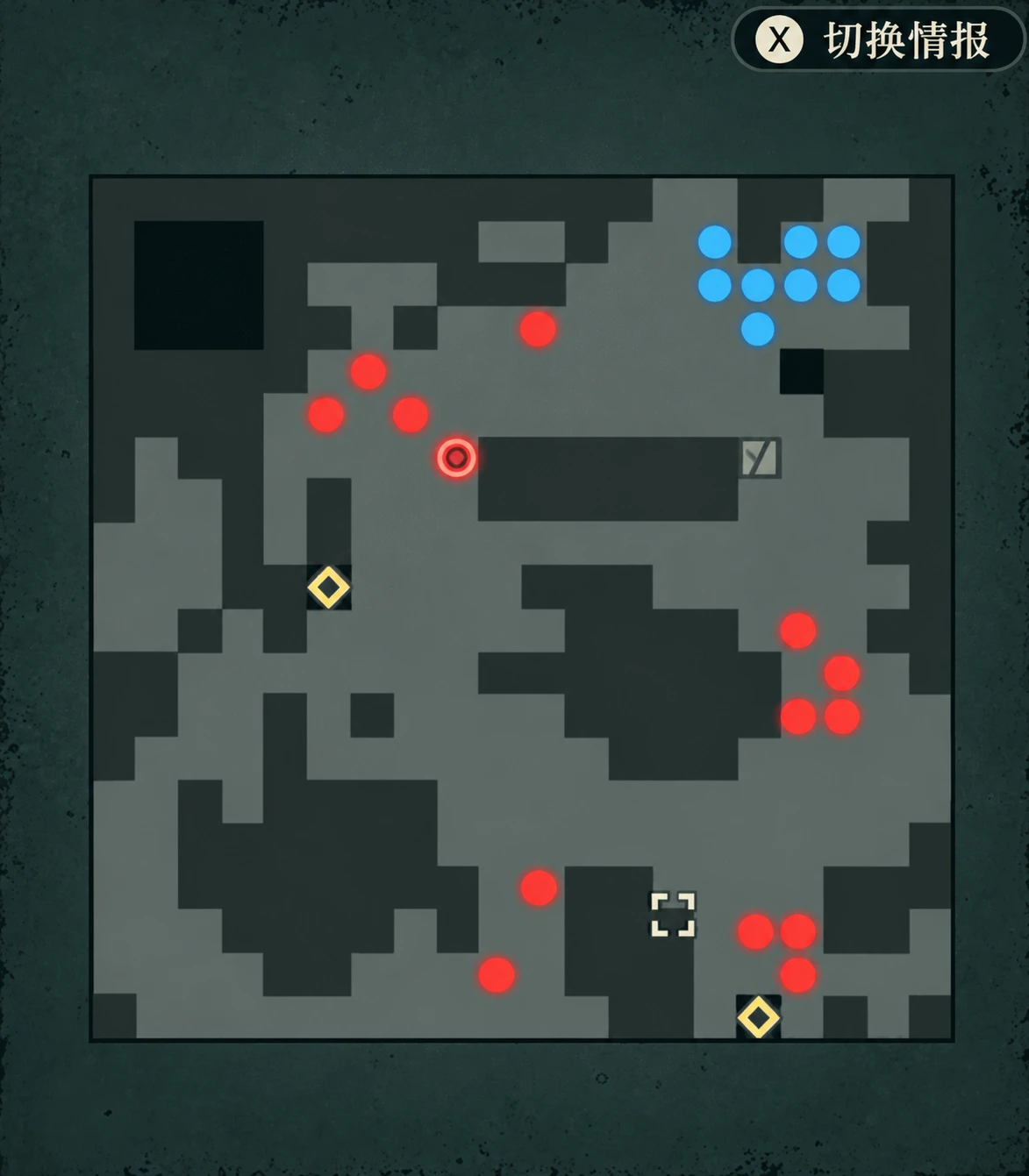 Your army deploys in the northeast. Enemies line a diagonal passage, with additional units on the northwest platform and in the small southeast area.
