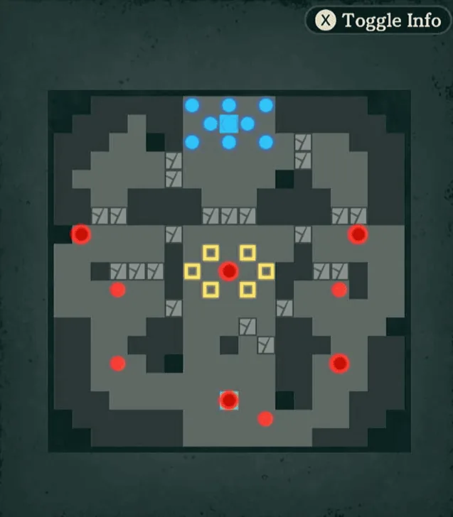 Your army starts in the north. A yellow square surrounds the boss’s central position, with enemies in both the eastern and western passages.