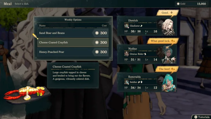 Inn meal selection: weekly dishes and prices appear on the left; three characters on the right each show their preference for the selected dish. (English interface)