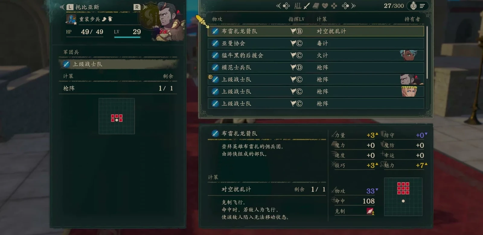 Tobias’s currently assigned rank-C Battalion is on the left. The selected rank-B candidate on the right previews stats and Gambit, with its Authority level requirement on the same line.