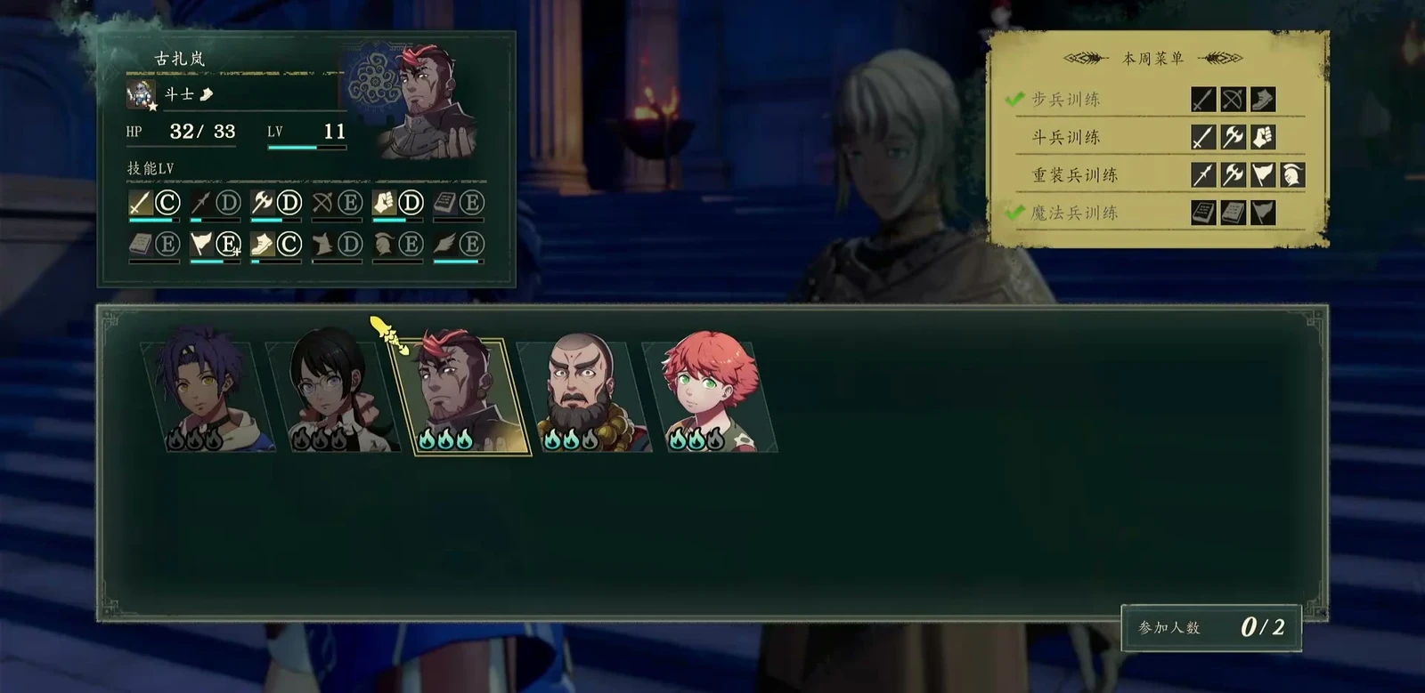 The trainee selection screen lists current skills and Motivation on the left. Green checks on the right mark this week's infantry and magic-unit training as used; unchecked brawler and armored-unit training remain available.