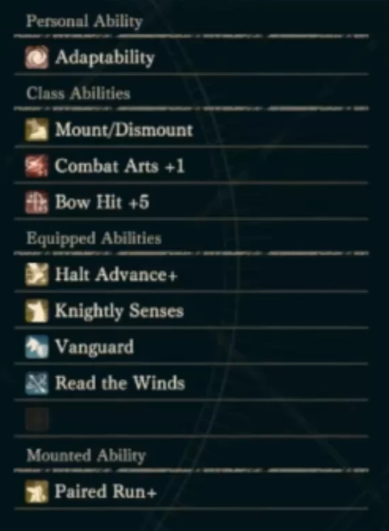 The right side separates personal, class, equipped, and mount abilities into four lists. One equipped slot is still empty. Check which category a skill occupies before planning slots.