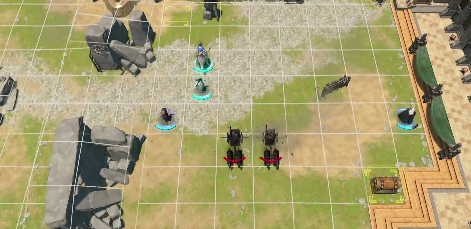 Two chariots charge in Chapter 4. Allies stand outside the central and right fences, and the southeastern chest is at the lower right. Identify each chariot’s straight path and the routes around it.
