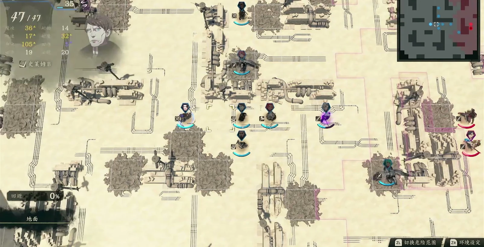 The lower-right giant and northern fence are both visible as the main team approaches from the south. Send mechanism runners around via the fenced paths.