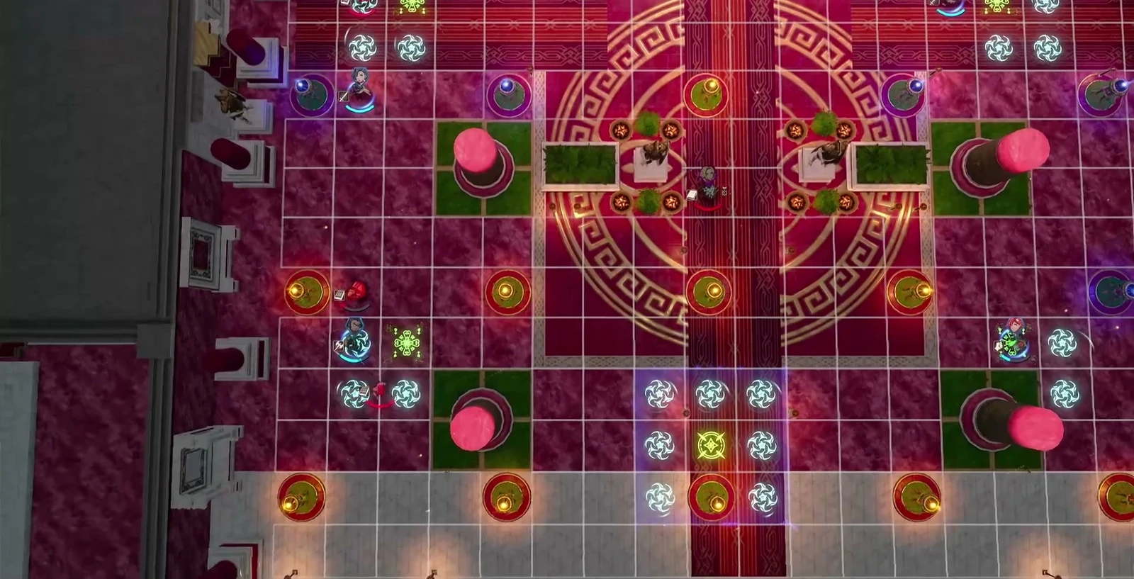 Olympia stands in the center, with allies split to either side and differently colored braziers around them. Assign outer tasks by tiles and colors first.