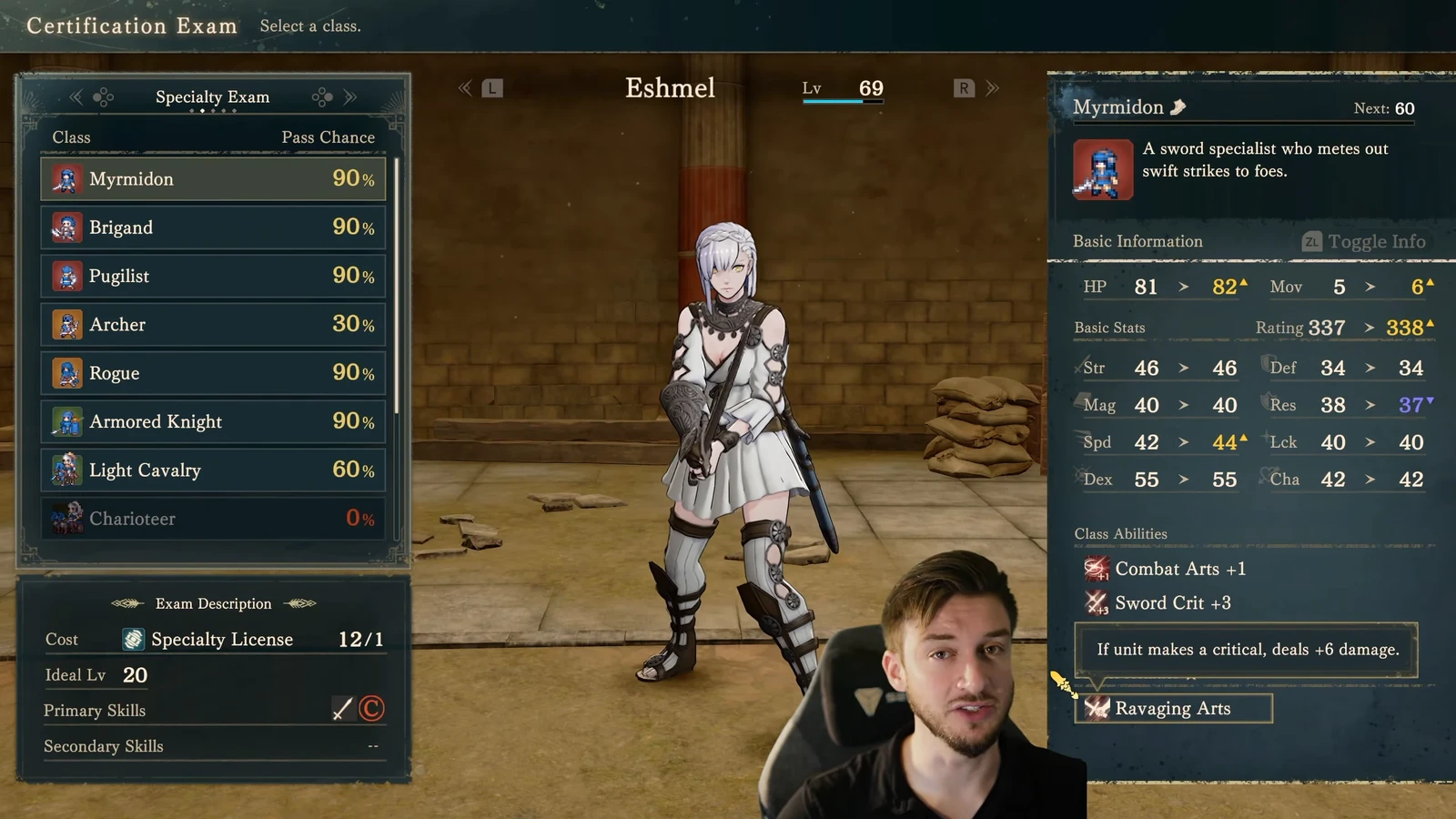 The Myrmidon exam shows recommended level 20 and Sword C below left. Sword Crit +3 and Ravaging Arts' critical damage +6 appear on the right.
