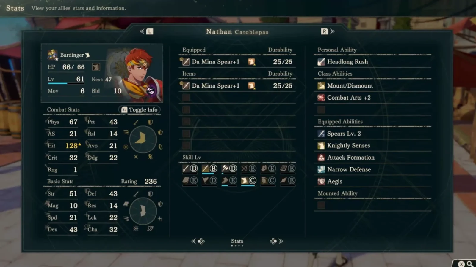 Nathan is a level 61 Bardinger in this save, with Movement 6, Protection 43, and Resilience 14. Spear B and Riding C appear on the same screen. Check physical and magical damage separately before engaging.