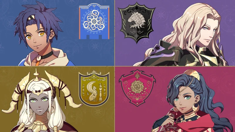 4人の主人公と各勢力の紋章を並べた公式紹介画像