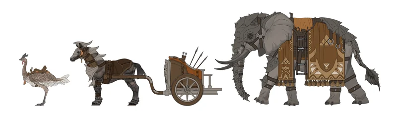 Official concept art collection of deer-like mounts, carriages and war elephants