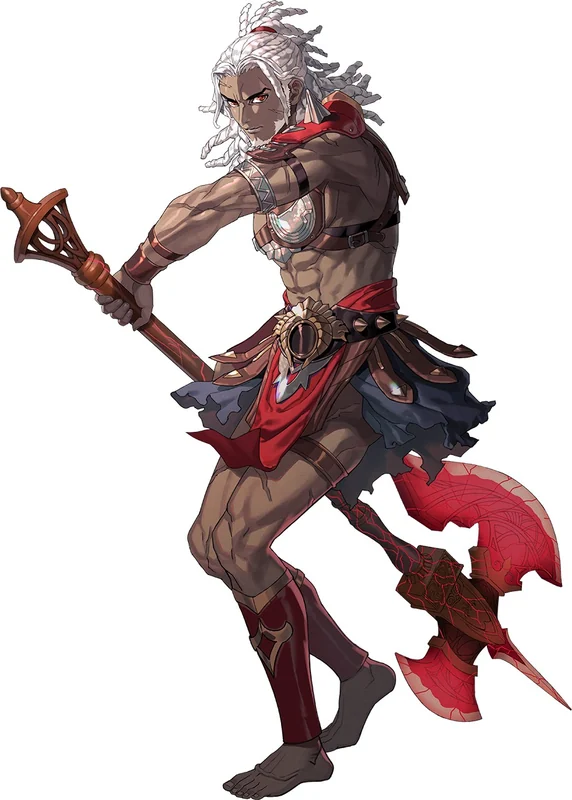 白髪に赤黒の戦闘服を着たベルトランの公式全身イラスト