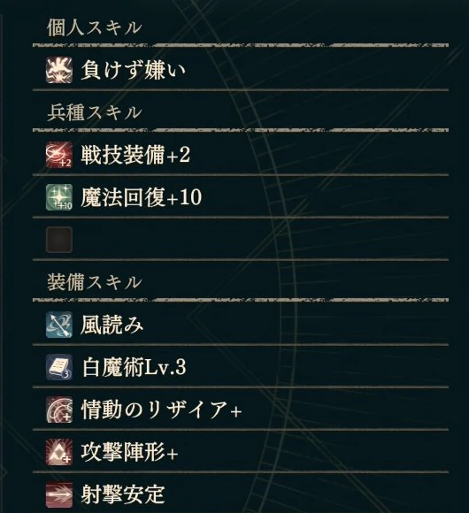 48レベルのオリンピアのスキル欄。個人スキルの負けず嫌いと、装備済みの情動のリザイア+が同時に表示されています（日本語画面）。
