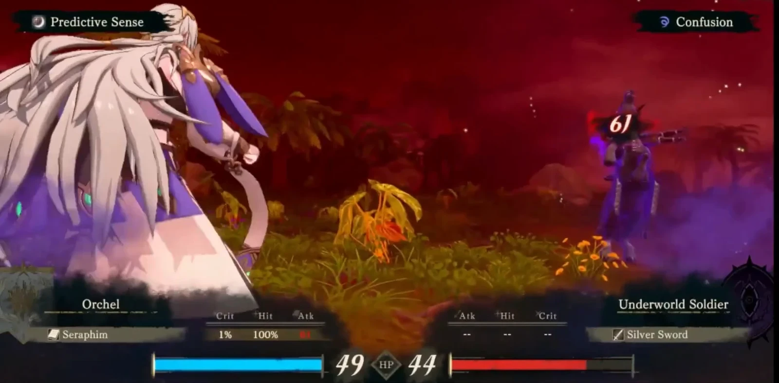 Orchel attacks an Underworld soldier with Seraphim at 100% Hit for 61 damage. Her initiating Magic Hit ability also activates.