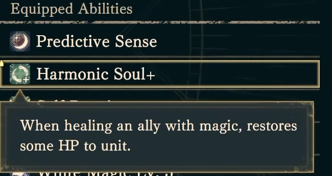 The full Harmonic Soul description: healing allies with magic also restores her own HP.