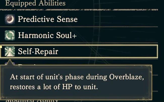 Self-Repair: while in Overblaze, restores a large amount of her HP at the start of the player phase.