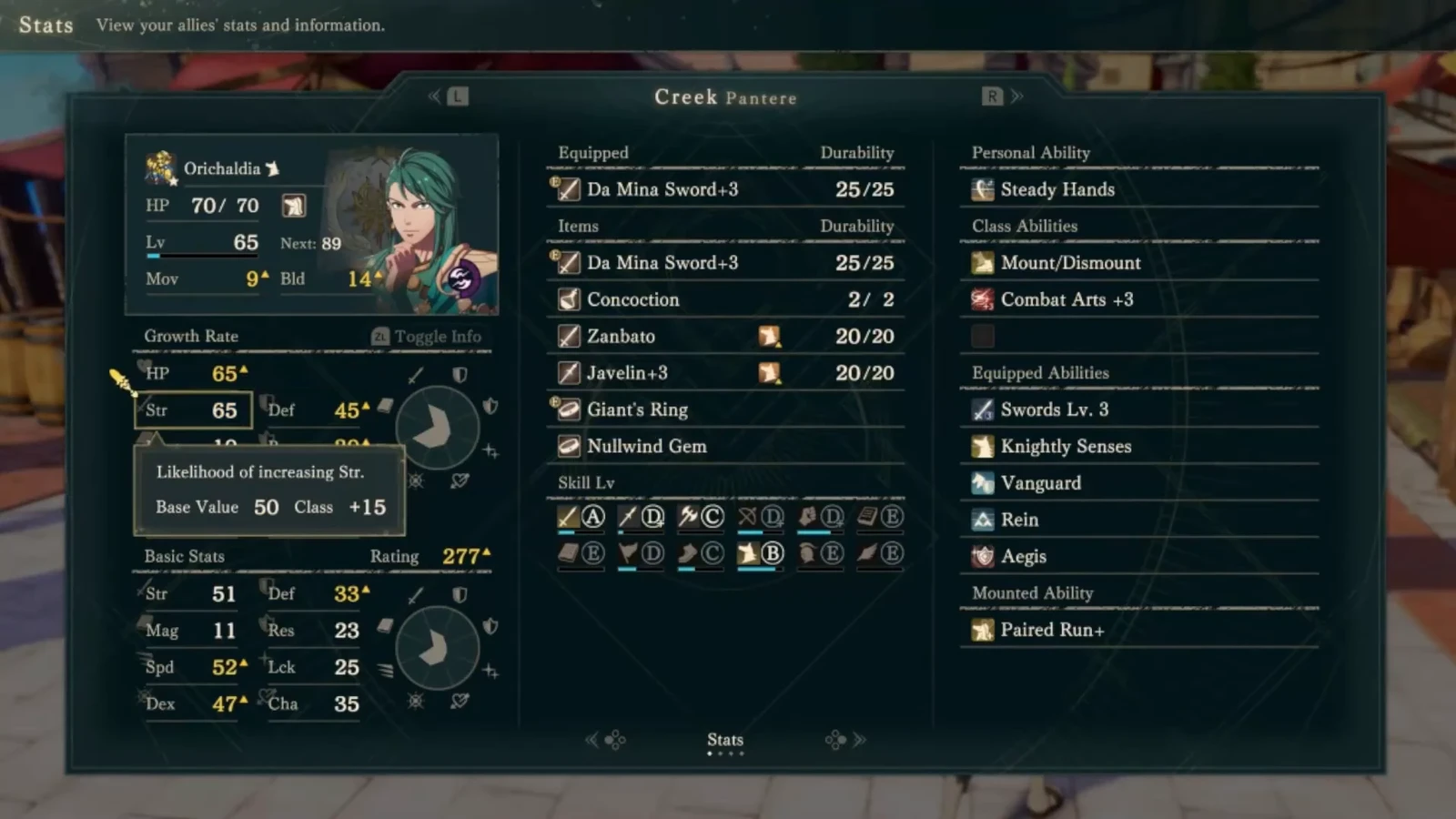 Orichaldia Creek’s status page separates base Strength growth 50 from class +15 on the left. Innate Mount/Dismount and Combat Arts +3 appear at upper right, with the current sword and spare Pilum in the center.