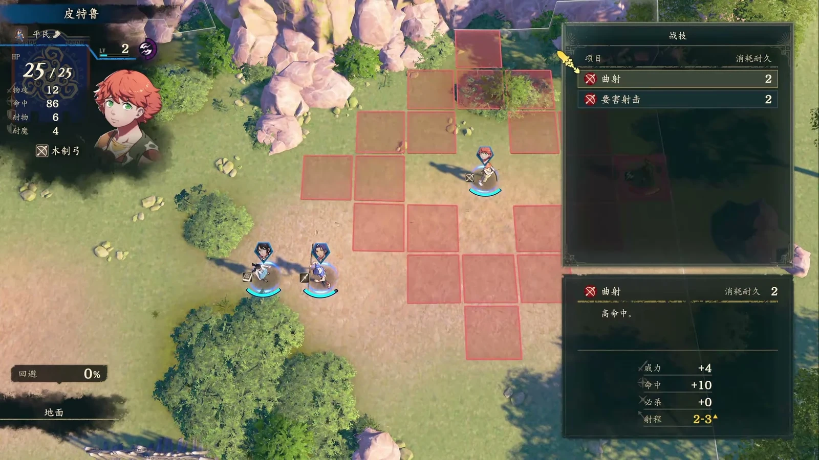 Peter’s Curved Shot menu: the lower right shows Might +4, Hit +10, and Range 2–3, while the upper right lists a durability cost of 2. Use these values to choose a safe firing position early on.